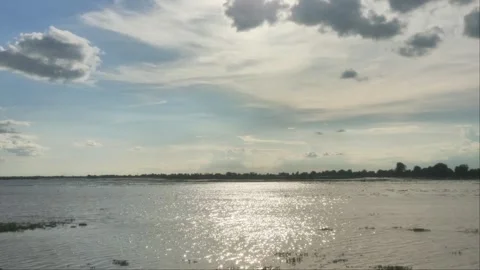 Sunlight Sparkling On Water Surface Of Flooded Field Lake In Rural Cambodia Stock Footage 341685257
