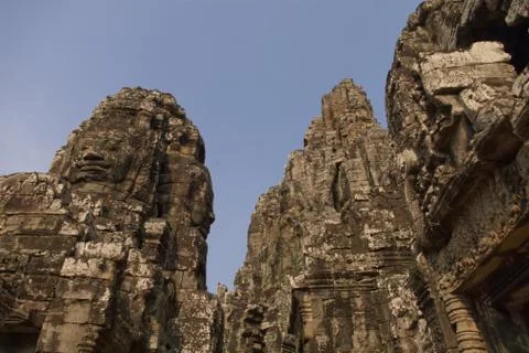 Sunlight on Stone temples during sunrise in Angkor Wat Stock Photos