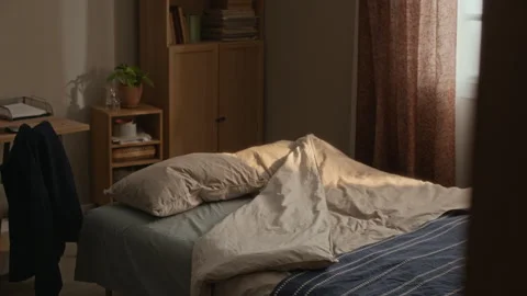 Sunlight Streaming into Empty Bedroom with Home Office Setup Stock Footage 337722132