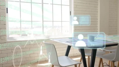 Sunlight streaming past window green binary rising while cards stacking atop Stock Footage 333803577