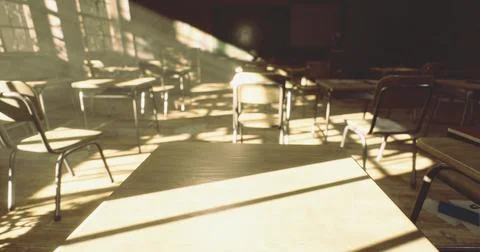 Sunlight streaming into a quiet classroom filled with empty chairs Stock Illustration