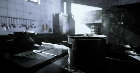 Sunlight streaming into a rustic kitchen highlighting a pot and utensils Stock Illustration