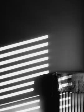 Sunlight is streaming through blinds, creating stripes of light and shadow on Stock Photos