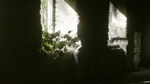 Sunlight streaming through ruined walls of abandoned building Stock Footage 304945453