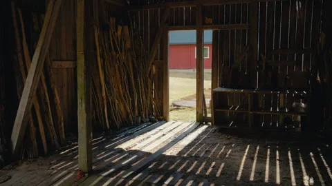 Sunlight Streaming Through a Rustic Barn Door Stock Footage 334499591