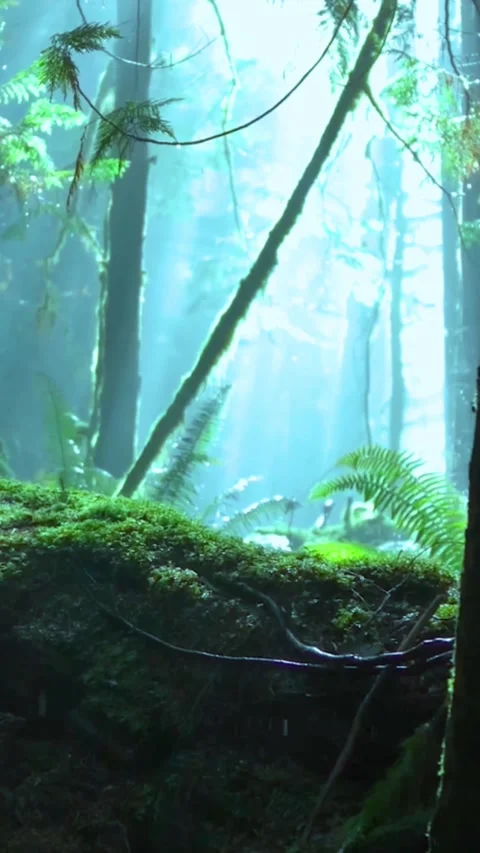 Sunlight streaming through trees in a lush green mossy forest background for Stock-Footage 347154804