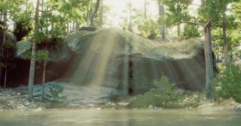 Sunlight streaming through trees over a rocky shore by the water Ilustração Stock