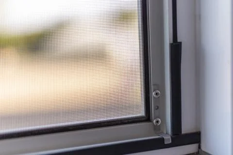 Sunlight streams through a fine mesh window screen, creating a warm and inv.. Stock Photos