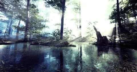 Sunlight streams through trees over tranquil water in a serene forest Stock Illustration