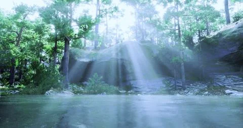 Sunlight streams through trees over a serene water body near rocky terrain Stock Illustration