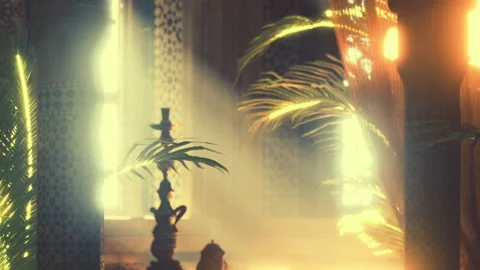 Sunlight streams through windows in a room with plants and decor Stock Footage 343941277