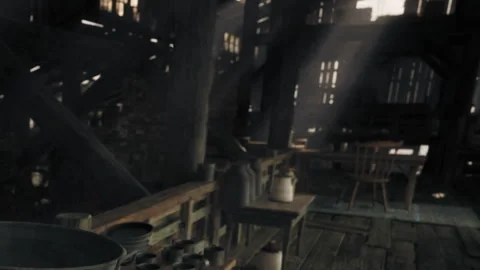 Sunlight Streams Through Wooden Beams in a Rustic Old Barn Stock Footage 344822589