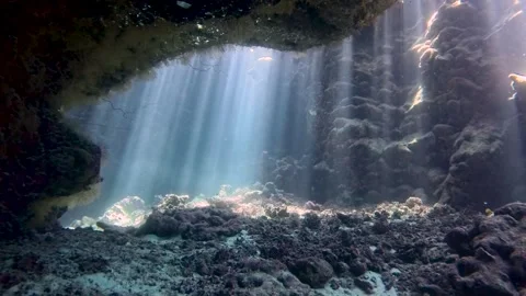 Sunlight sunbeams dancing in underwater cave Stock Footage 316030065