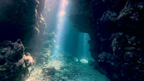 Sunlight sunbeams dancing in underwater cave Stock Footage 316037995