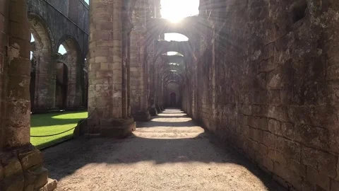 Sunlight Through the Arches of Fountains Abbey Stock Footage 309236341