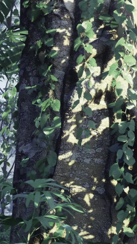 Sunlight on tree trunk with vines in natural setting during daytime Video stock 332219491