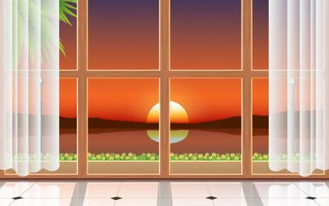 Sunlight at windows of the bungalow on the in sunset on the beach in the summer Illustrazione stock