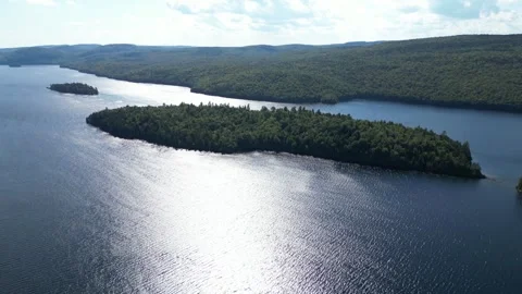 Sunlit Aerial View of a Forested Point on a Quebec Lake Vídeos de archivo 338325736