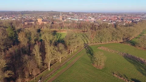Sunlit aerial view of tree lined fields and winding paths leading to a town Видео 327610655