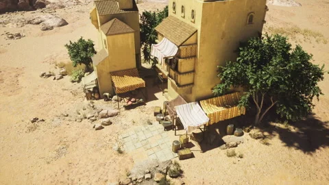 Sunlit ancient courtyard with rustic stalls and textured shadows Stock Footage 341563381