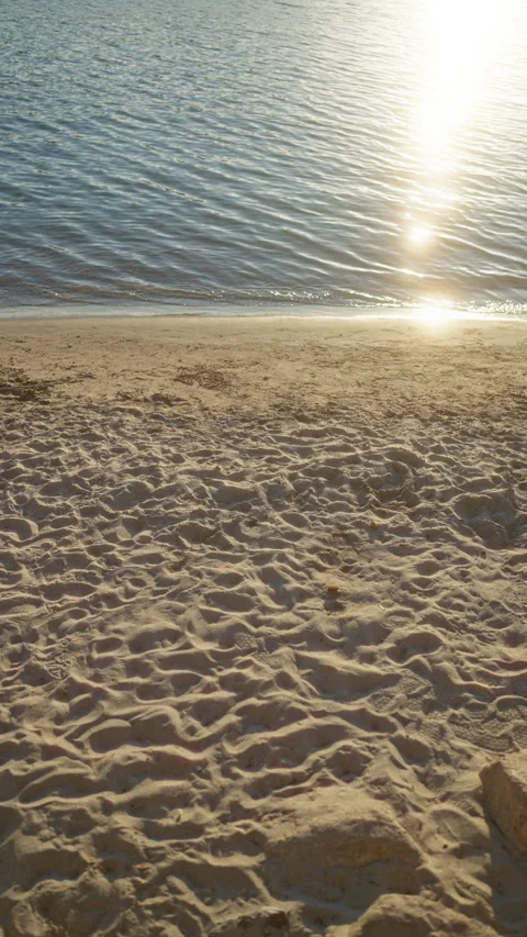 Sunlit beach with calm waves softly touching the sandy shore in the morning Stock Footage 289324027