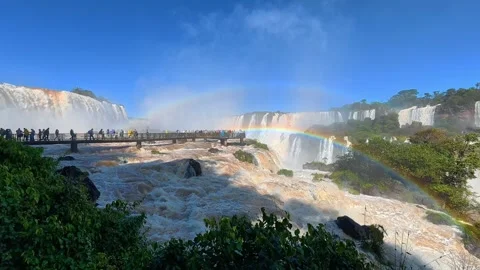 Sunlit Cascades and Rainbow Mist at Brazil’s Iguazu Falls Stock Footage 342275638