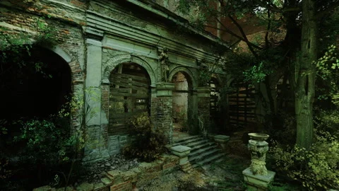Sunlit cloisters and tranquil courtyard evoke peaceful reflection Stock Footage 341568459