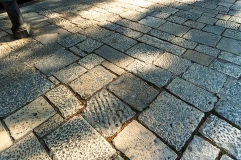 Sunlit cobblestone pavement with tree branch shadow crossing weathered stone 스톡 사진