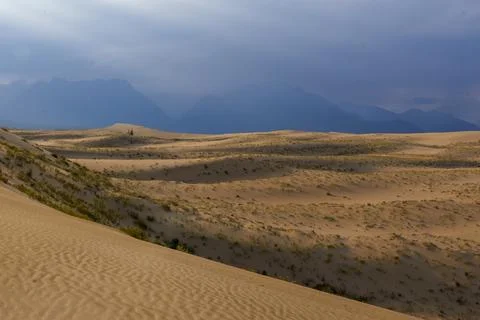 Sunlit desert dunes with dramatic clouds and sunbeams Stock Photos