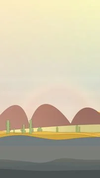 Sunlit dune environment with cactus tree silhouettes, desert floor, and desert m Stock Illustration