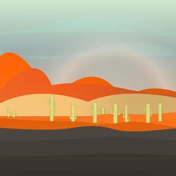 Sunlit dune environment featuring cactus tree silhouettes and sand field under a Stock Illustration