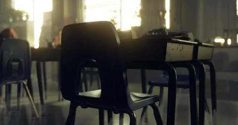 Sunlit empty classroom with reflections on desks and chairs Stock Illustration