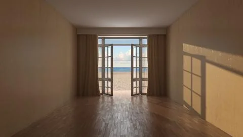 Sunlit Empty Interior with Open French Doors Overlooking a Tropical Beach Stock Illustration