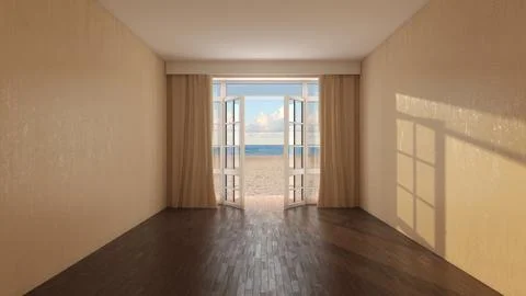 Sunlit Empty Interior with Open French Doors and Peaceful Beach Ocean View Stock Illustration