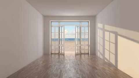Sunlit Empty Room with Open Doors to Beach and Ocean View Stock Illustration
