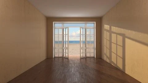 Sunlit Empty Room with Open French Doors and Scenic Beach Ocean View Stock Illustration