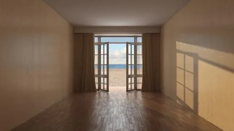 Sunlit Empty Room with Open French Doors and Scenic Beach Ocean View Stock Illustration
