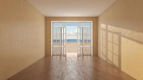 Sunlit Empty Room with Open Window and Beach Ocean View Ilustración de archivo