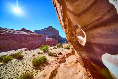 Sunlit Erosion Patterns in Valley of Fire Desert Landscape Eye-Level View Fotos de archivo