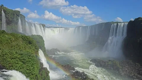 Sunlit Falls Wall and Rainbow Above Foaming River, Iguazu, Brazil 8K Stock-Footage 306475984