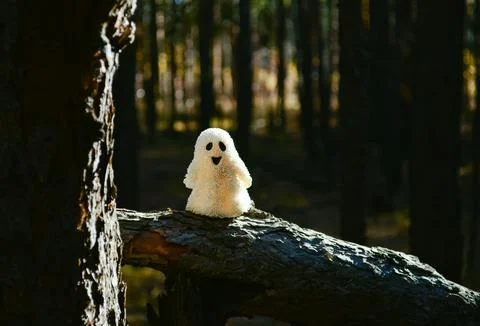 Sunlit ghost toy stands on a broken tree trunk in the forest Stock Photos