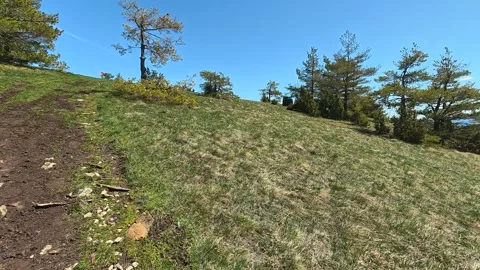 Sunlit hillside path winds through green grass. Balkan, Eastern Europe, POV Video stock 333440769