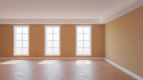 Sunlit Interior Concept of the Empty Beige Room with a White Ceiling and Cornice Stock Illustration