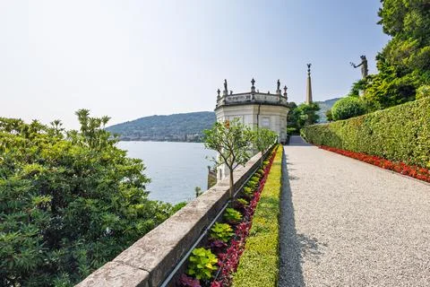 Sunlit Lakeside Garden Path With Classical Pavilion, Palazzo Borromeo on Is.. Stock Photos