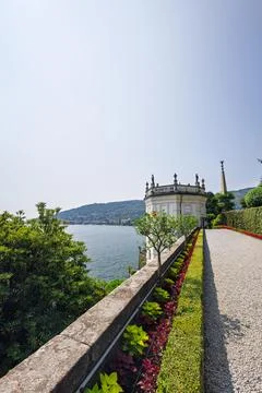Sunlit Lakeside Garden Path With Classical Pavilion, Palazzo Borromeo on Is.. Stock Photos