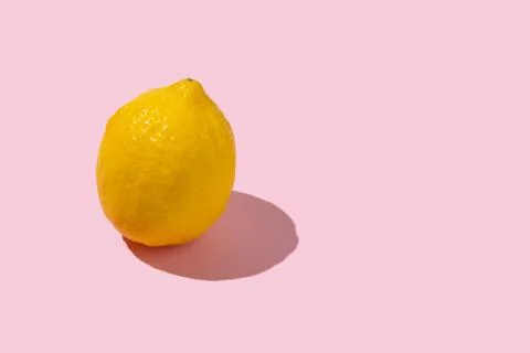 Sunlit lemon isolated on abstract pastel pink background with copy space Stock Photos