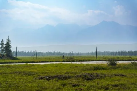 Sunlit meadow with distant mountain range Stock Photos