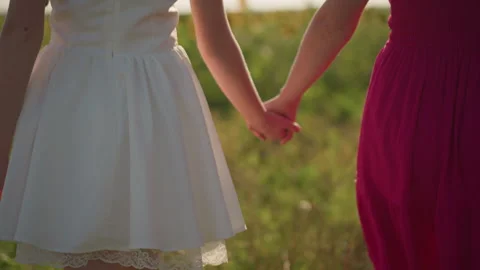 Sunlit meadow with intertwined fingers, Touching in warm summer grass scene, An Video stock 324875330