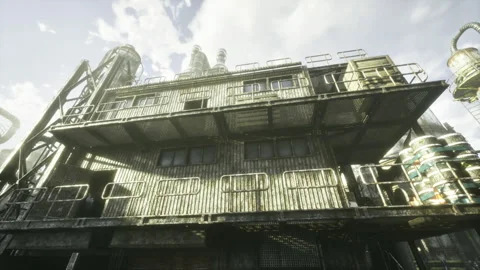 Sunlit metallic building with industrial elements and clouds Stock Footage 333992017