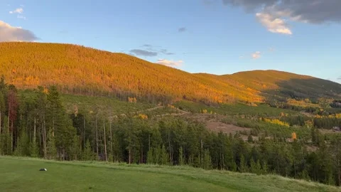 Sunlit mountain forest view from a golf course tee box Stock Footage 273176504